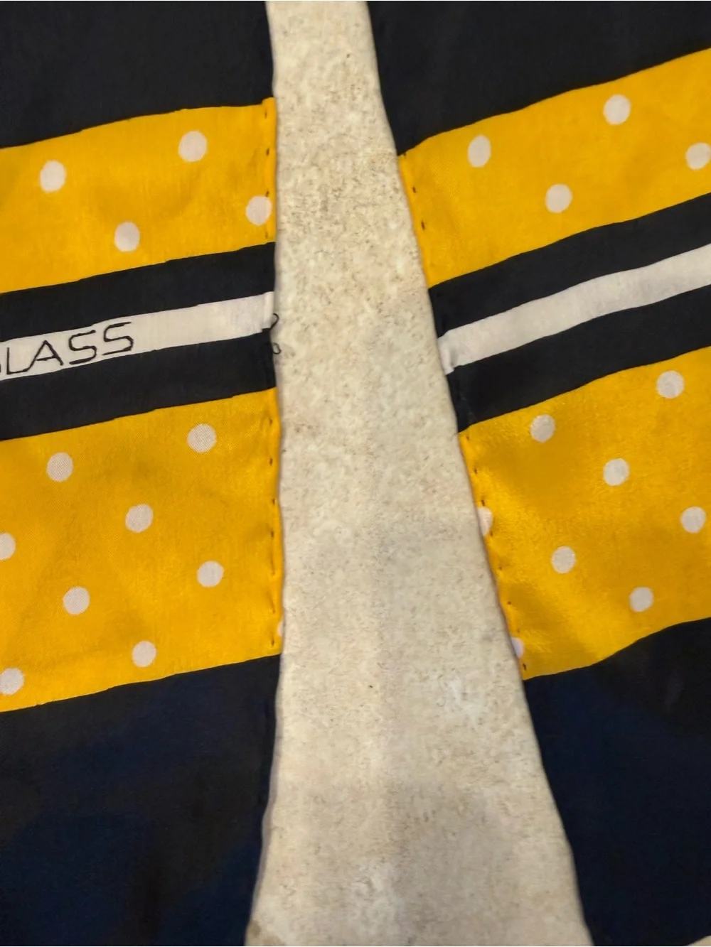 Bill Blass vintage Black Polka Dot silk scarf with Yellow Stripe Accent